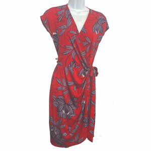 Maggy London, size 8, red & blue floral patterned wrap dress